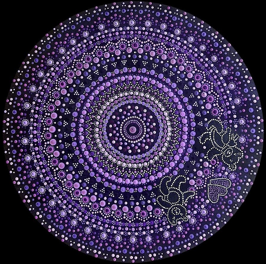 Le mandala cosmique violet de Nadine, peint à la main sur toile